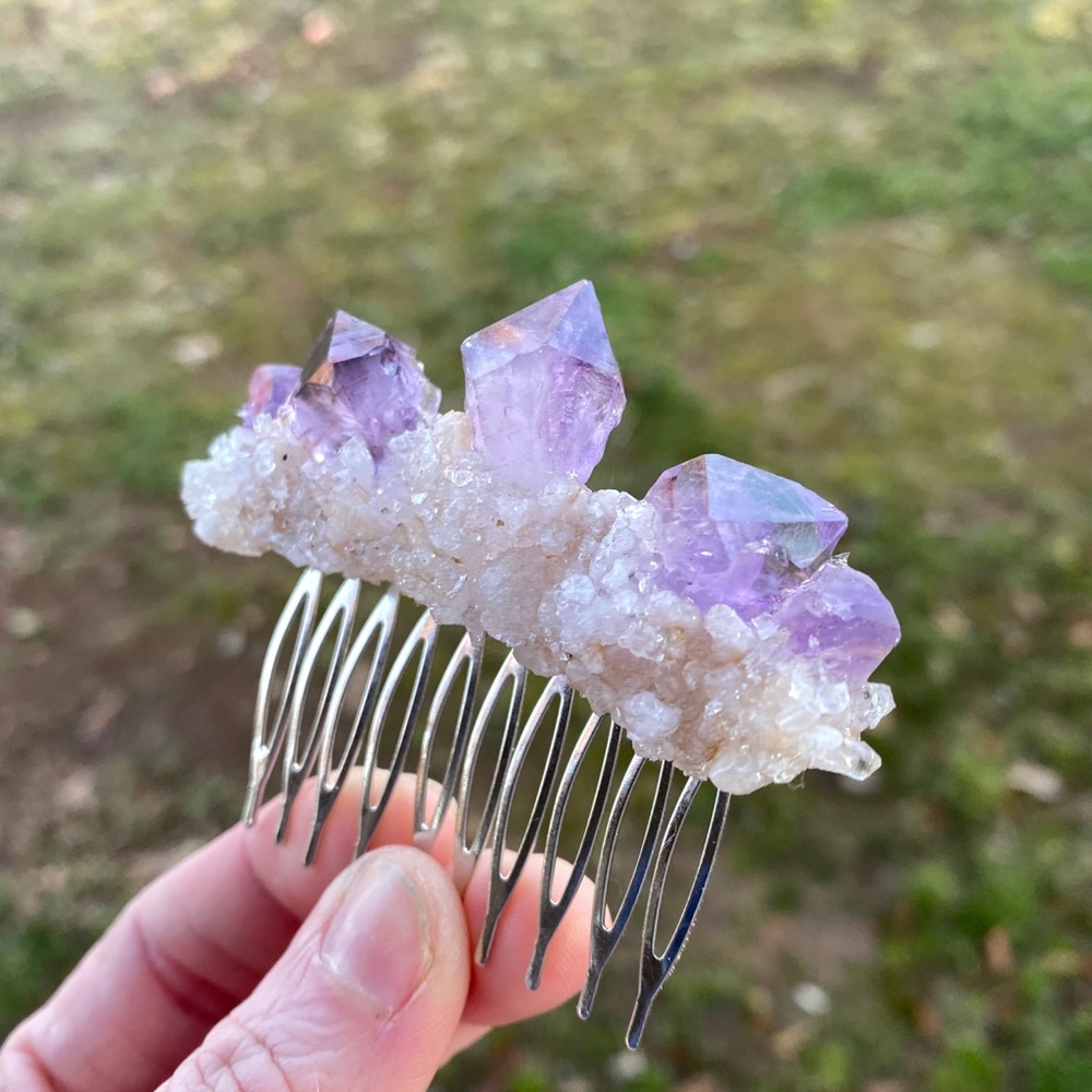 Amethyst Druzy Quartz Crystal Hair Comb